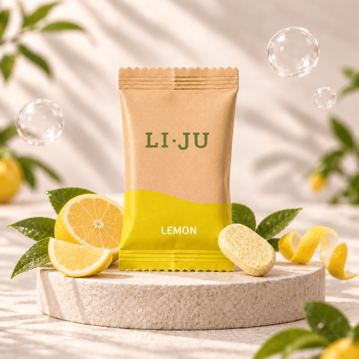 Het LI·JU zakje Lemon met een gele zeeptablet, tussen halve citroenen